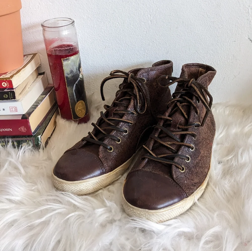 Frye Chambers High Top Sneaker Distressed Leather Shoes Lace-Up Dark Brown 8.5